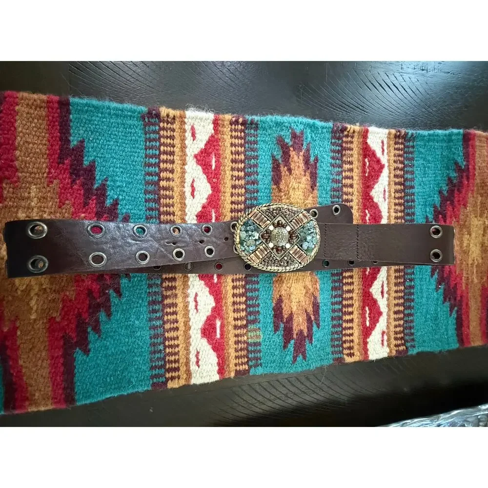 Cabi Genuine Leather Brown Wide Belt Beaded Mosaic Statement Buckle
